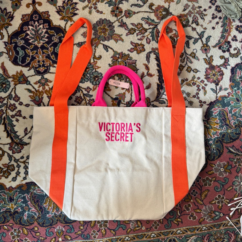 NWT Victoria's Secret Cream Tote with Orange and Pink Straps